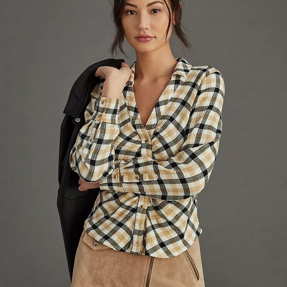 Anthropologie Pilcro Ruched Button Front XS Fitted Crinkle Blouse Cottagecore